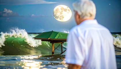 A man gazes at a full moon over a stormy ocean