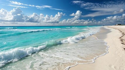 Tropical Beach with Blue Sky and Turquoise Waves in Summer