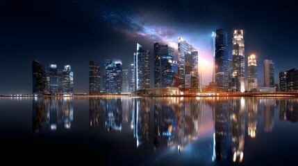 Fototapeta premium Dramatic nighttime urban skyline with glowing skyscrapers and shimmering water reflections, creating a modern cinematic cityscape ideal for text overlays