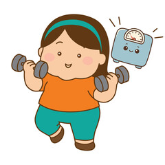 Fat women lifting dumbbells to lose weight, illustration cartoon on white background