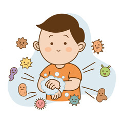 Man was hand washing helps kill germs, illustration cartoon on white background