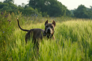 A sturdy American Staffordshire Terrier stands proudly among the green grass, showing off his muscular frame and cropped ears. The quiet forest background emphasizes his nobility.