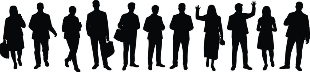 Business people silhouettes, corporate team standing, professional attire, office workers group, black vector icons, career concept, flat vector illustration