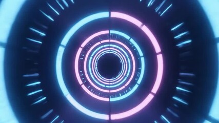 Dynamic abstract digital tunnel with glowing neon rings, creating a futuristic pathway through cybernetic space and advanced technology, symbolizing data flow and innovation - Powered by Adobe