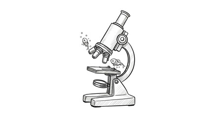 Detailed hand drawn sketch of a vintage laboratory microscope on a white background illustrating scientific research and discovery