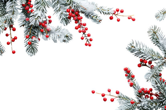 Christmas border with snow-covered fir branches and red berries on a white background christmas festival plant.