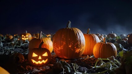 A spooky jack-o'-lantern with a sinister grin glowing brightly in a dark, misty pumpkin patch at night - Powered by Adobe