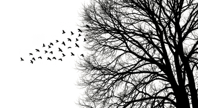 Ethereal tree shedding iridescent birdshaped leaves