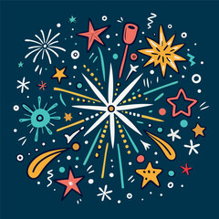 Colorful doodle fireworks explosion with stars, sparkles, and celebration elements 