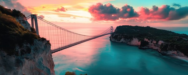 Witness a breathtaking sunset over a vast suspension bridge.