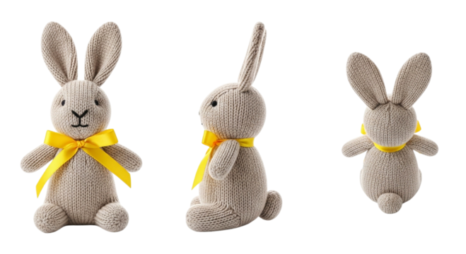 Knitted Easter Bunny Plush Toy Set with Yellow Ribbon on Black Background Cute Holiday Gift on transparent background