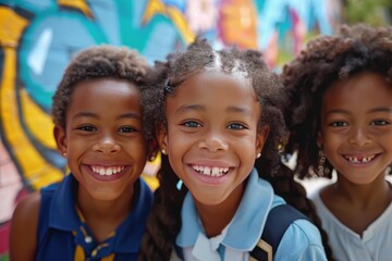 Fototapeta premium Portrait of three cheerful elementary age students smiling and posing in front of a colorful graffiti wall