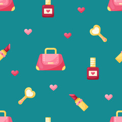 Seamless pattern with ladies bag and lipstick on green background. March 8 Women's Day. Vector illustration.