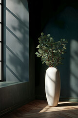 Minimalist plant in tall white vase with sunlight shadows