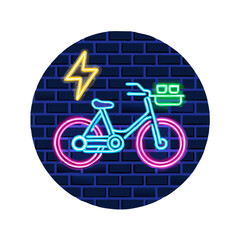 Electric bike in charge. Glowing neon icon on brick wall background .vector