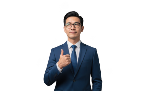 Confident asian businessman in suit giving thumbs up gesture, positive approval concept, professional portrait isolated on transparent background