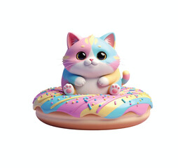 Adorable cartoon kitten perched atop a vibrant, sprinkle-covered donut, perfect for children's content, social media, and lighthearted designs, so irresistibly cute