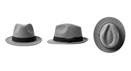 Sophisticated Gray Fedora Hat Collection with Black Ribbon Menswear Style Fashion Accessory on transparent background