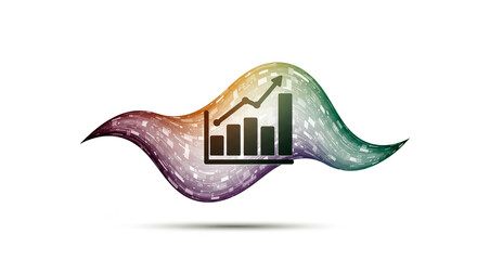 Abstract colorful wave with a rising bar graph and arrow symbolizing financial growth and data analysis