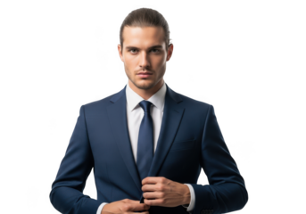 Professional businessman in navy blue suit stock photo, man in formal wear, portrait of confident male executive, isolated on transparent background