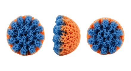 Three round sea sponges blue and orange color porous texture natural bath wellness skincare on transparent background