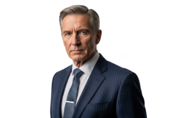 Serious businessman in striped suit stock photo for professional use, portrait of mature man in formal attire, isolated on transparent background