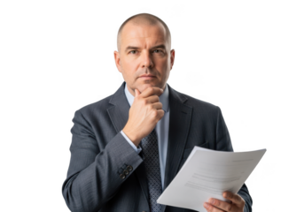 Pensive businessman holding document in suit - portrait of serious executive analyzing report, isolated on transparent background