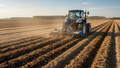 Obraz premium Tractor equipped with a rotary tiller cultivating a sandy field mixing organic material for enhanced soil fertility