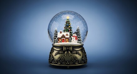 A festive snow globe with a christmas tree, snowman, and cozy house inside, creating a magical winter scene on a blue gradient background