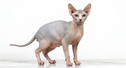 A full body shot of a sphynx cat standing on a white surface looking forward with a neutral expression