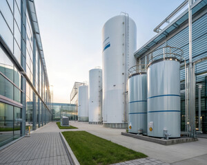 Fototapeta premium Industrial plant storage tank metal white blue modern clean outdoor facility architecture