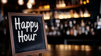 Happy Hour sign on wooden table in bar with blurred bottles  