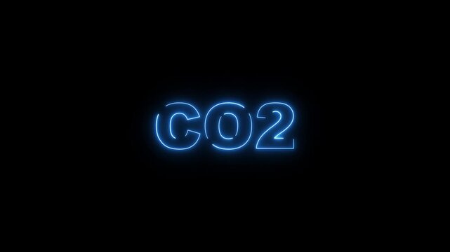 Blue neon text C O2 glowing on a black background carbon dioxide