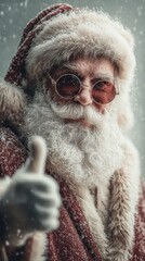 Obraz premium Santa Claus gives a thumbs up in a snowy winter landscape wearing sunglasses and a festive coat