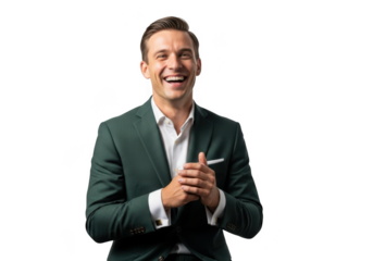 Smiling businessman in green suit clapping hands portrait photography headshot professional isolated on transparent background
