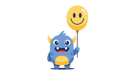Adorable and friendly little monster character with horns smiling and holding a happy yellow balloon