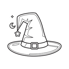 Spooky Witch Hat with Buckle and Moon Star Line Art
