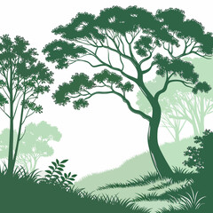 Stylized green silhouette of lush trees and grassy hills against a white background