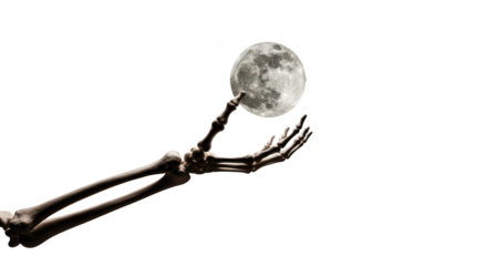 Skeletal arm holding the moon aloft