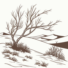 Stylized illustration of a lone bare tree with dry grass and rolling sand dunes in the background