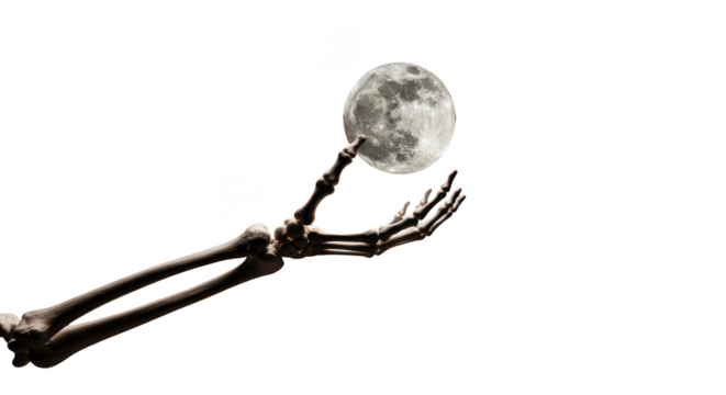 Skeletal arm holding the moon aloft