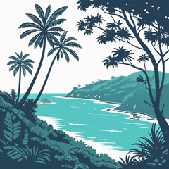 Tropical paradise with palm trees and turquoise ocean waves gently lapping on a sandy shore