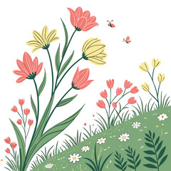 Whimsical spring meadow with blooming coral and yellow tulips and daisies with butterflies