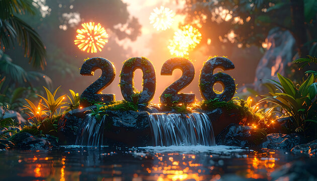 The year 2026 illuminated with lights sits on rocks near a waterfall in a lush jungle setting with fireworks in the background.