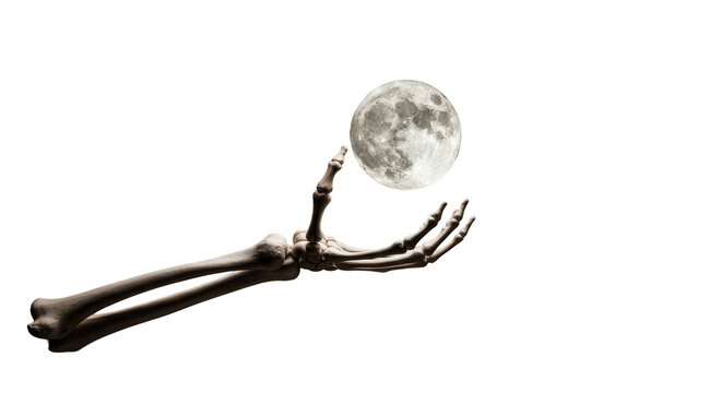 Skeletal hand cradles the moon