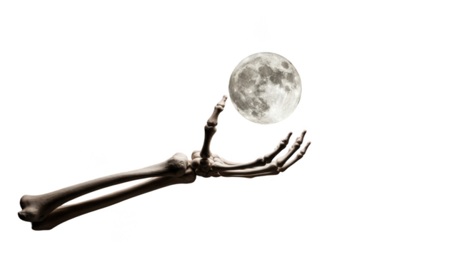 Skeletal hand cradles the moon