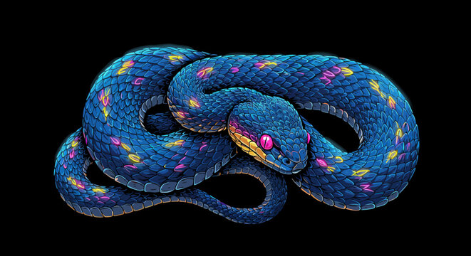 Coiled Blue Snake with Pink Eyes and Colorful Scale Accents Illustration.