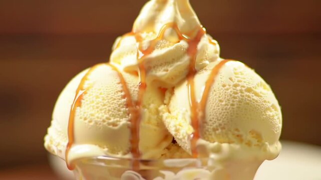 Delicious vanilla ice cream sundae in glass with caramel sauce drizzled over it, close-up shot on a wooden table background, tempting summer dessert, yummy food photography