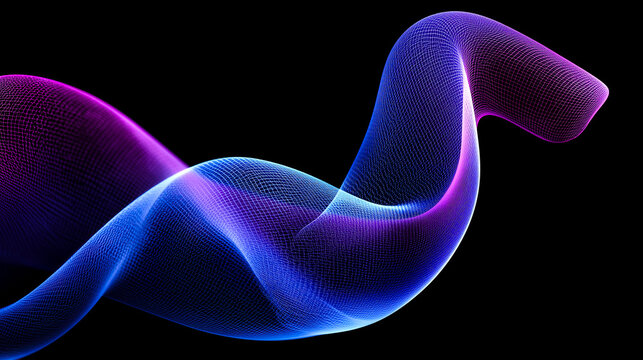 Abstract flowing shape created from glowing dots moving on a dark blue background for presentations and desktop backgrounds