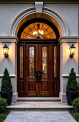Obraz premium elegant wooden double doors with intricate glass design framed by archway and glowing lanterns. classic architecture. welcoming entrance. home design, real estate, architectural feature.